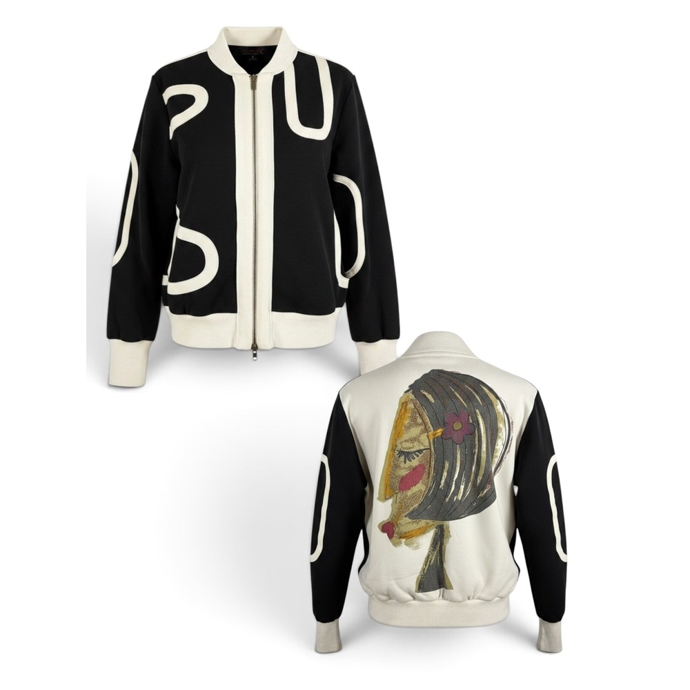 Vintage 90s Y2K Custo Barcelona Black Cream Bomber Jacket Sz 3 M Artsy Abstract